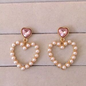 Rose Pink + Pearl Crystal Heart Drop Earrings